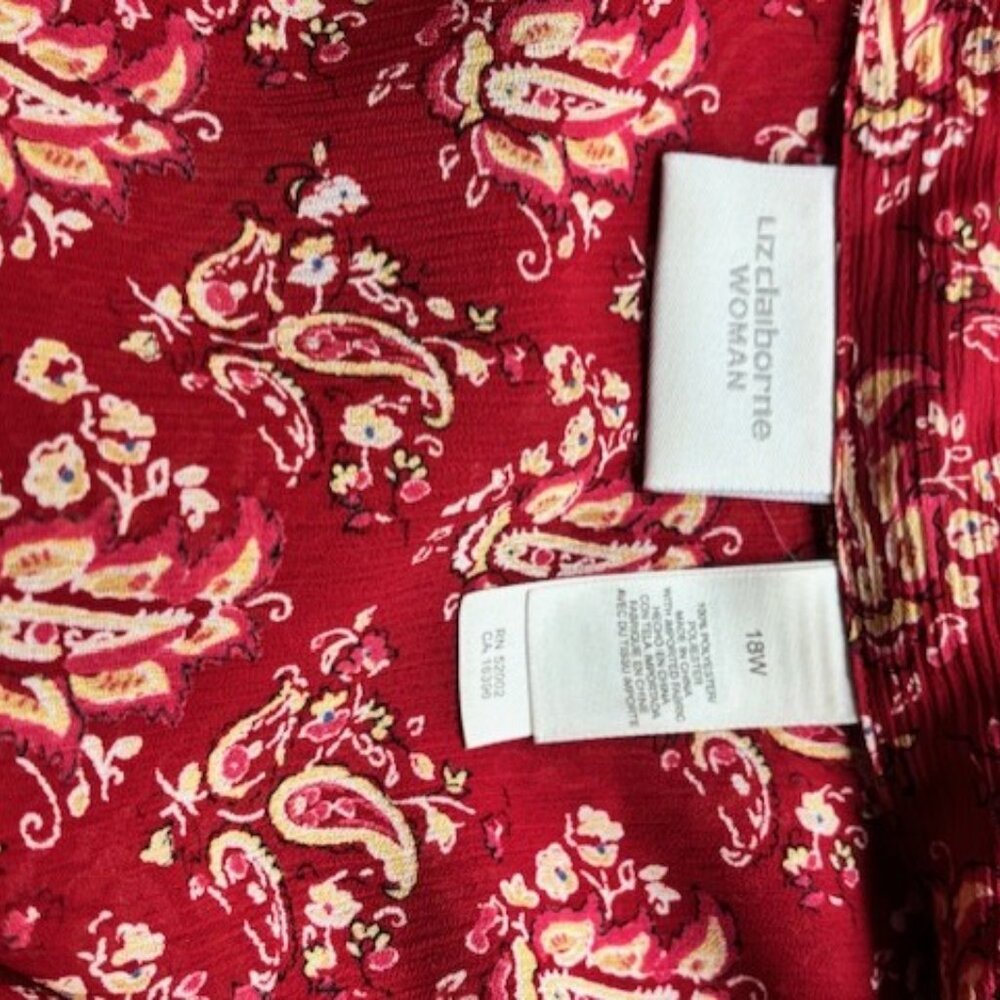 Liz Claiborne Woman 18W Red Paisley Button Front Lace Cuff Sleeve Blouse Boho - Picture 7 of 7